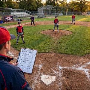 Könnte beinhalten: Ein Trainer hält ein Klemmbrett mit einer handschriftlichen Aufstellung der Eagles auf einem Baseballfeld. Mehrere Spieler in rot-dunkelblauen Uniformen stehen während des Trainings bei Sonnenuntergang auf dem Gras- und Erddiamanten.