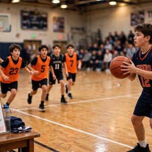 May include: A white dry-erase board on a wooden table displays a basketball play diagram titled INBOUNDS - BOX PLAY with red and black ink markings, while a basketball game with players in orange and navy uniforms occurs in the background.