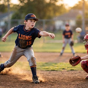May include: A baseball pitcher wearing a navy blue jersey with orange text reading LIONS and the number 15, gray pants, and a navy blue cap. The pitcher is throwing a baseball toward a catcher in red gear on a dirt field during a game.