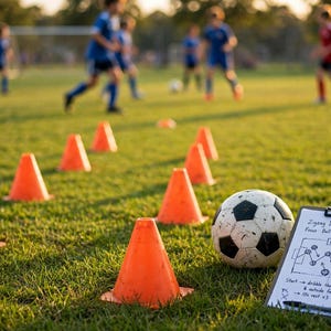 Könnte beinhalten: Ein schwarz-weißer Fußball liegt neben einem Klemmbrett mit einer handschriftlichen Skizze mit der Überschrift Zigzag Dribble U12, die Anweisungen zur Ballkontrolle enthält, inmitten mehrerer leuchtend orangefarbener Kunststoff-Trainingskegel.