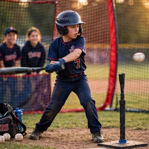 May include: A baseball player wearing a dark blue uniform with the number 7 and a helmet, swinging a bat at a ball on a tee. A black equipment bag labeled TIGERS with several baseballs and bats sits nearby on the dirt field in front of a net.