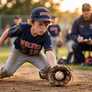 Peut inclure: Un uniforme de baseball bleu marine avec le mot WOLVES et le numéro 12 en orange sur la poitrine, associé à un pantalon gris clair, une casquette bleu marine assortie avec le texte WOLVES et un gant de baseball en cuir marron attrapant une balle.