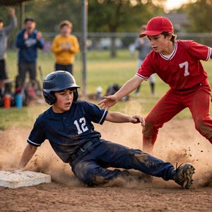 Puede incluir: Un jugador de béisbol con uniforme azul marino y el número 12 se desliza hacia una base blanca, usando un casco oscuro. Un segundo jugador con uniforme rojo y el número 7 lleva una gorra roja y un guante de béisbol de cuero marrón.
