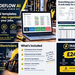 May include: Tradeflow AI Electrician Admin Kit featuring professional templates for invoices, quotes, job tracking, and customer checklists. The digital product includes Microsoft Word, Excel, and PDF files to help manage business tasks efficiently.