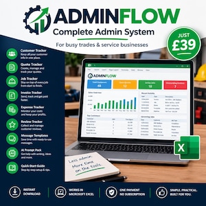 May include: A laptop displaying the AdminFlow software dashboard with charts and tables. A notepad with the text Less admin. More time on the tools. sits in front. The graphic includes a list of features like Customer, Quote, Job, and Invoice trackers.