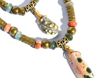 Ocean Jasper Pendant Necklace, Leather Cord, Brass Beads