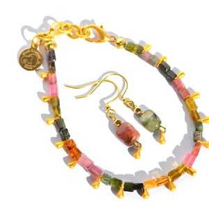 Tourmaline Bead Bracelet & Earrings Set, 22K Gold Vermeil Jewelry, Dainty