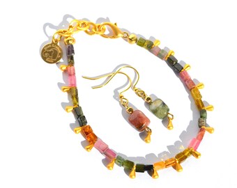 Tourmaline Bead Bracelet & Earrings Set, 22K Gold Vermeil Jewelry, Dainty