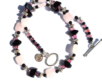Rose Quartz Black Onyx Gemstone Necklace, Antiqued Silver