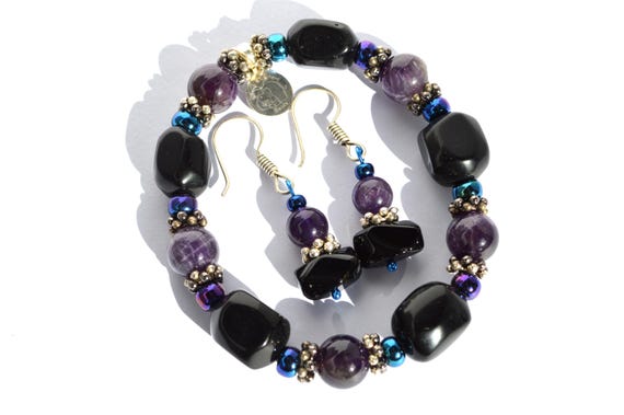 Amethyst Black Onyx Gemstone Bracelet Earring Set, February Birthstone