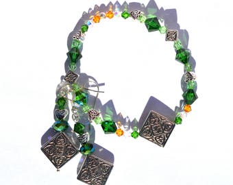 Celtic Knot Bracelet and Earrings Set, Green Crystal Irish Jewelry