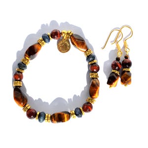 Tiger's Eye Bracelet and Earring Set, Sodalite, Brass, Gemstone Jewelry