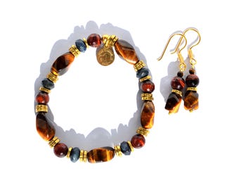 Tiger's Eye Bracelet and Earring Set, Sodalite, Brass, Gemstone Jewelry