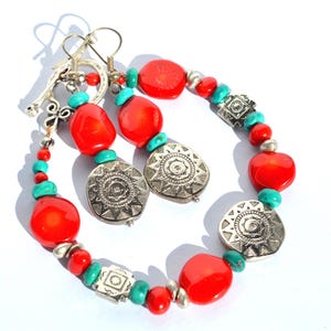 Southwest Style Red coral and turquoise bead Bracelet Set, Cowgirl Jewelry