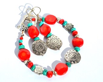 Southwest Style Red coral and turquoise bead Bracelet Set, Cowgirl Jewelry