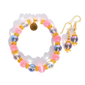 Purple Crystal & Pink Cat's Eye Bracelet and Earrings Set, Gold Vermeil