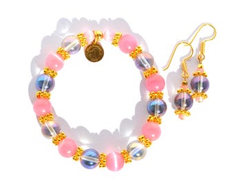 Purple Crystal & Pink Cat's Eye Bracelet and Earrings Set, Gold Vermeil