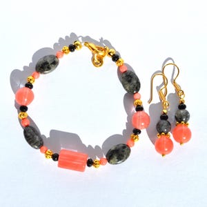 Cherry Quartz and Larvikite Bead Jewelry Set