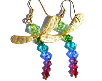 Dragonfly Earrings, 22k Gold Vermeil Wings, Swarovski Crystal Rainbow Jewelry