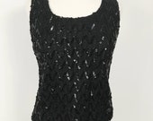 1960s black Sequin Tank Top with Metal Zipper Closure - Handmade Vintage - Vegan - Small