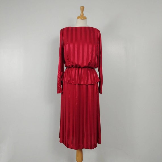 1980s raspberry red striped dress with keyhole bac
