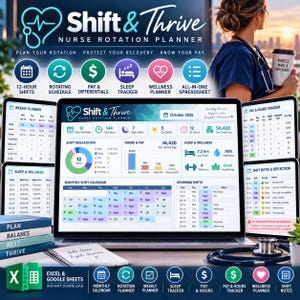 May include: A digital Shift & Thrive nurse rotation planner displayed on a laptop screen, featuring a monthly calendar, shift breakdown, pay tracker, and wellness dashboard. Includes icons for shifts, pay, sleep, and wellness, plus a stethoscope.