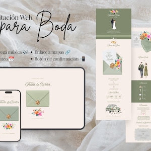 Puede incluir: Una plantilla de invitación de boda digital mostrada en una tableta y un teléfono inteligente, con el texto "Invitación Web para Boda", "Frida & Carlos" y "Save the Date". El diseño incluye sobres verde salvia, ilustraciones florales e iconos para música, mapas y cuentas atrás.