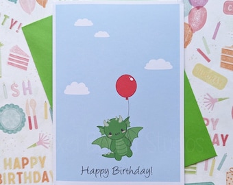 Dragon Balloon Birthday Card | Customizable Colors, 5"x7″