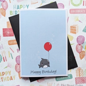 Cute Happy Birthday Chibi Shark with Balloon Birthday Card 5″ x 7″