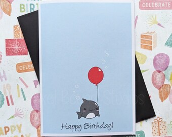 Cartão de aniversário com balão de tubarão | Cores personalizáveis, 12,7 x 17,8 cm