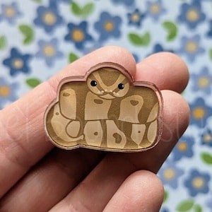 Może przedstawiać: Szpilka w kształcie węża w kolorze brązowym i beżowym z uroczą kreskówkową twarzą. Szpilka wykonana jest z przezroczystego akrylu i ma błyszczące wykończenie.