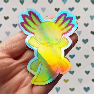 Chibi Cute Golden Albino Axolotl Holographic Vinyl Sticker