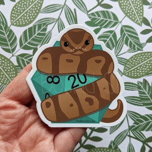 Può includere: Un adesivo con un serpente di cartone animato avvolto attorno a un dado a 20 facce turchese. Il dado mostra i numeri 8 e 20. Il serpente è marrone con strisce nere.