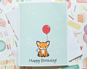 Chibi Fox with Balloon Birthday Card