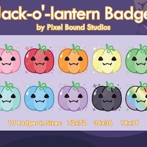 May include: Ten digital badges featuring jack-o'-lantern faces in various colors, including pink, red, orange, yellow, green, blue, purple, black, and rainbow. The badges are available in three sizes: 72x72, 36x36, and 18x18.
