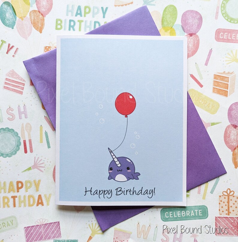 Cute Happy Birthday Chibi Narwhal With Balloon Birthday Card - Etsy