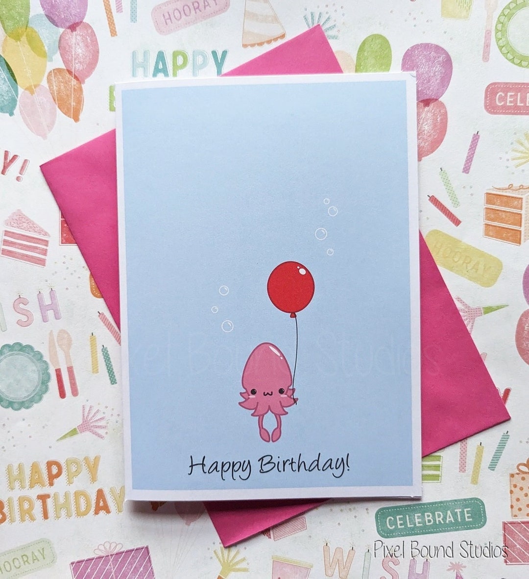 Cute Happy Birthday Chibi Squid With Balloon Birthday Card 5″ X 7″ - Etsy