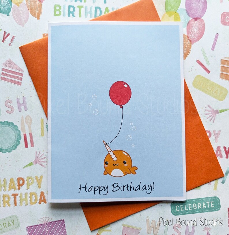 Cute Happy Birthday Chibi Narwhal With Balloon Birthday Card 5″ X 7″ - Etsy