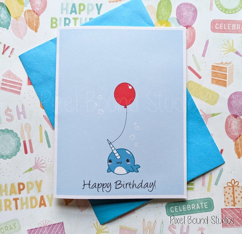 Cute Happy Birthday Chibi Narwhal With Balloon Birthday Card - Etsy
