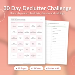 Può includere: Un set di planner stampabili 30 Day Declutter Challenge con una griglia di attività quotidiane e liste di controllo per stanza. Le pagine bianche includono riquadri rosa chiaro con testo per ogni giorno e sezioni per donazioni e vendite.