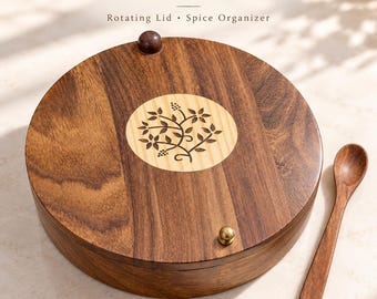 Handgefertigte Masala-Box aus Holz, Gewürzorganizer mit drehbarem Deckel, florale Intarsien (22 cm)