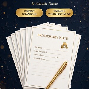 Peut inclure: Une pile de formulaires papier blancs intitulée OWNER FINANCING CONTRACT PACK avec les mentions 11 Editable Forms, Instant Download et Editable Word Document. La feuille supérieure est un Promissory Note avec une icône de maison et de clé.
