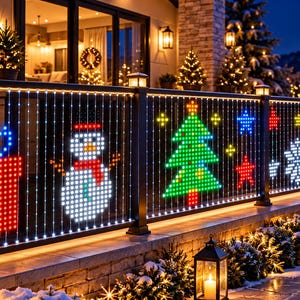 May include: A black metal railing decorated with vertical LED light strings forming holiday patterns including a red gift box with a blue ribbon, a white snowman with a red scarf, a green Christmas tree, and various white and red stars.