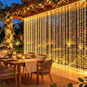 May include: A curtain of warm white LED string lights hanging from a wooden pergola, illuminating an outdoor dining area with a wooden table, woven chairs, and lanterns, creating a bright, glowing backdrop for the patio space.