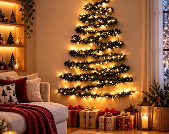 Puede incluir: Una decoración de árbol de Navidad montada en la pared hecha de guirnalda de pino artificial verde oscuro dispuesta en forma triangular, iluminada por luces blancas cálidas. Varias cajas de regalo envueltas descansan en el suelo.