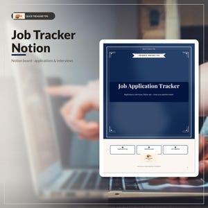 May include: A digital job application tracker template for Notion displayed on a laptop screen. The interface features a dark blue header with the text Job Application Tracker, followed by sections for application log, interview prep, and CSV pipeline.
