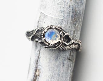 Moonstone Ring, Moonstone Engagement Ring, Nature Ring, Rainbow Moonstone Jewelry, Moon Stone Ring for Women, Tree Ring