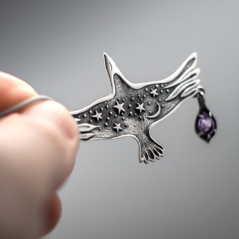 Starry Black Crows Jewelry Raven Pendant with Gemstone Charm Etsy