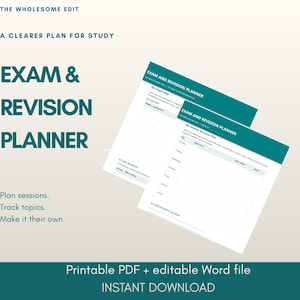Puede incluir: Un conjunto de planificador de exámenes y revisiones con encabezados verde azulado y páginas blancas. El texto incluye THE WHOLESOME EDIT, A CLEARER PLAN FOR STUDY, EXAM & REVISION PLANNER, Plan sessions, Track topics, Make it their own, Printable PDF + editable Word file, INSTANT DOWNLOAD.