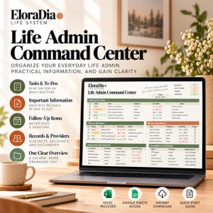 Könnte beinhalten: Ein digitales Life Admin Command Center Dashboard auf einem Laptop-Bildschirm mit Bereichen für Aufgaben, Nachverfolgungen, wiederkehrende Verwaltung, wichtige Dokumente und Anbieter sowie Symbolen für Excel, Google Sheets und Downloads.